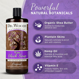 Dr. Woods bottle label detail highlighting raw shea butter and natural ingredients benefit