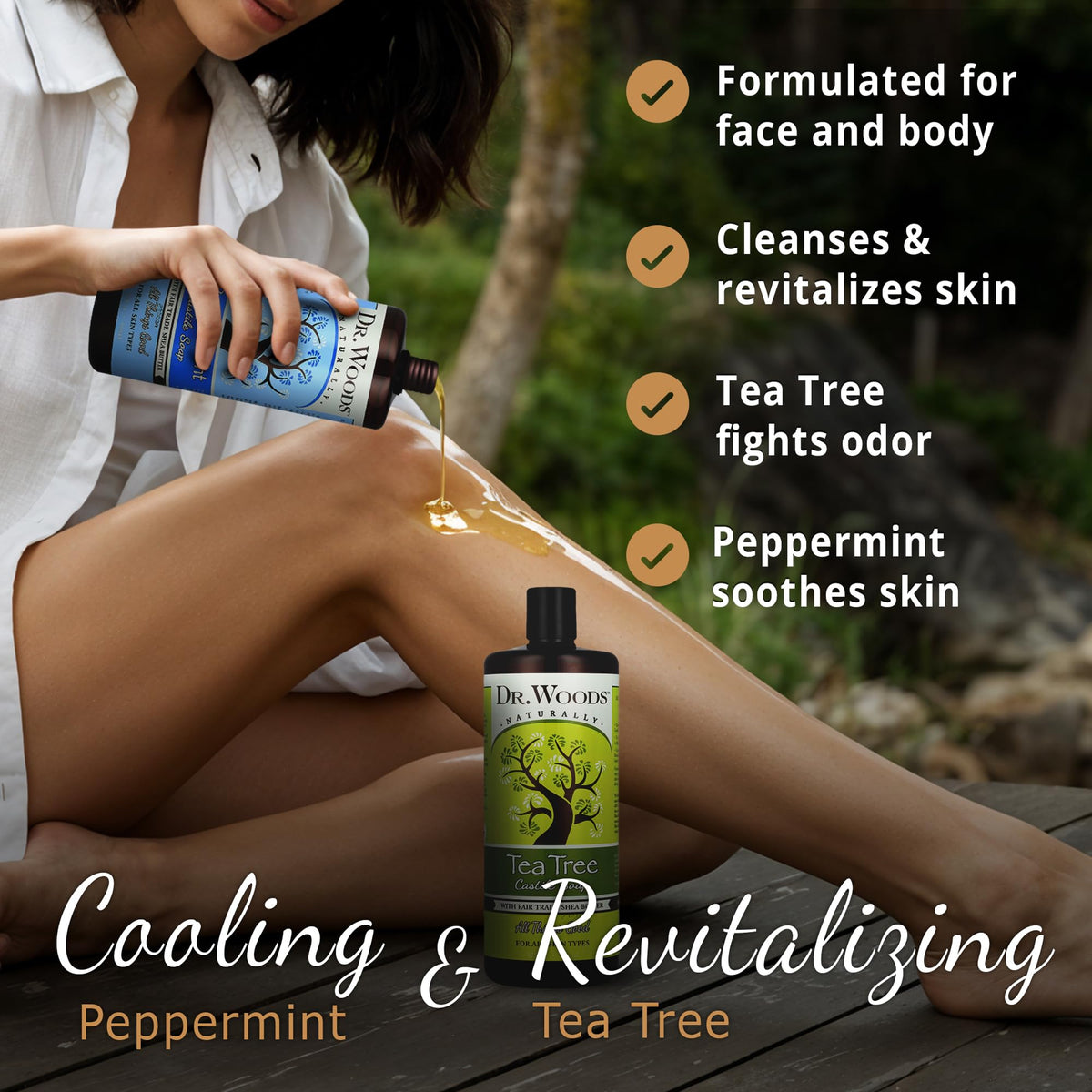 Dr. Woods pump close-up dispensing soap, highlighting convenient daily use