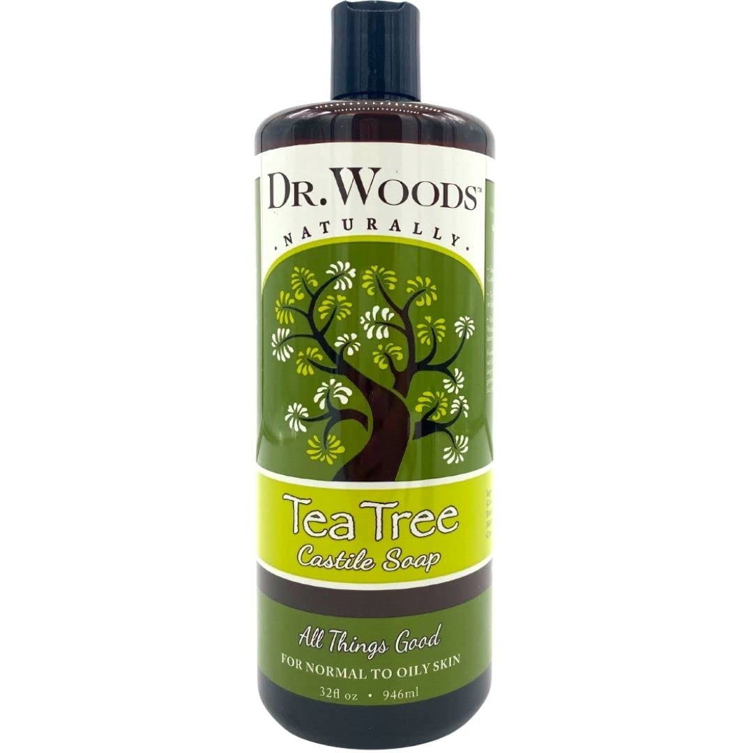Dr. Woods front bottle showing tea tree soap and clear packaging benefit: easy identification