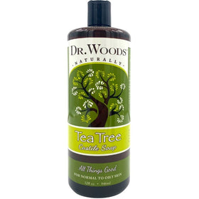 Dr. Woods front bottle showing tea tree soap and clear packaging benefit: easy identification