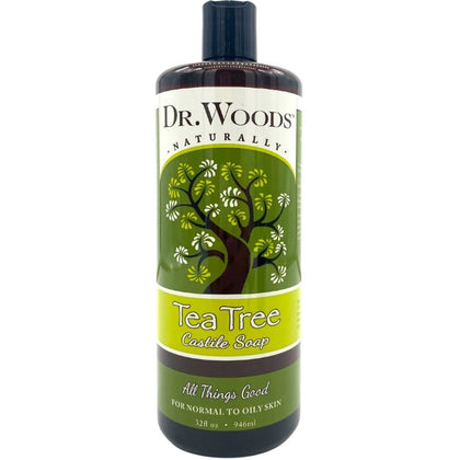 Dr. Woods front bottle showing tea tree soap and clear packaging benefit: easy identification