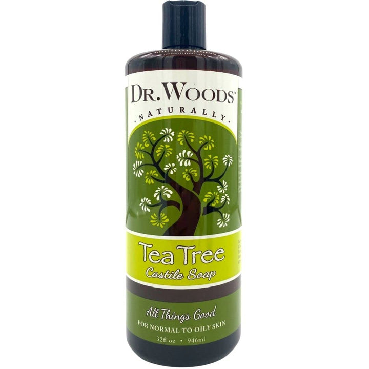 Dr. Woods front bottle showing tea tree soap and clear packaging benefit: easy identification