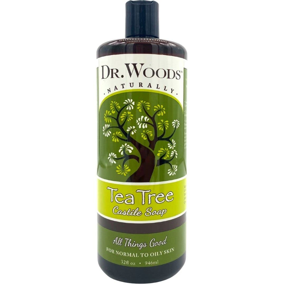 Dr. Woods front bottle showing tea tree soap and clear packaging benefit: easy identification