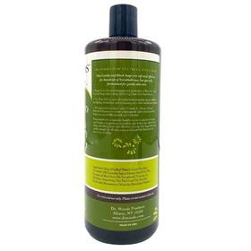 Label close-up of Dr. Woods highlighting ingredients and fair-trade shea benefit: transparency