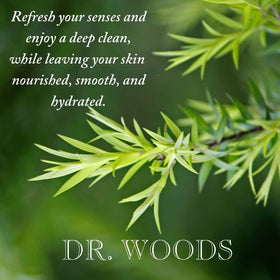 Creamy lather texture of Dr. Woods tea tree soap showing rich foam for efficient cleansing