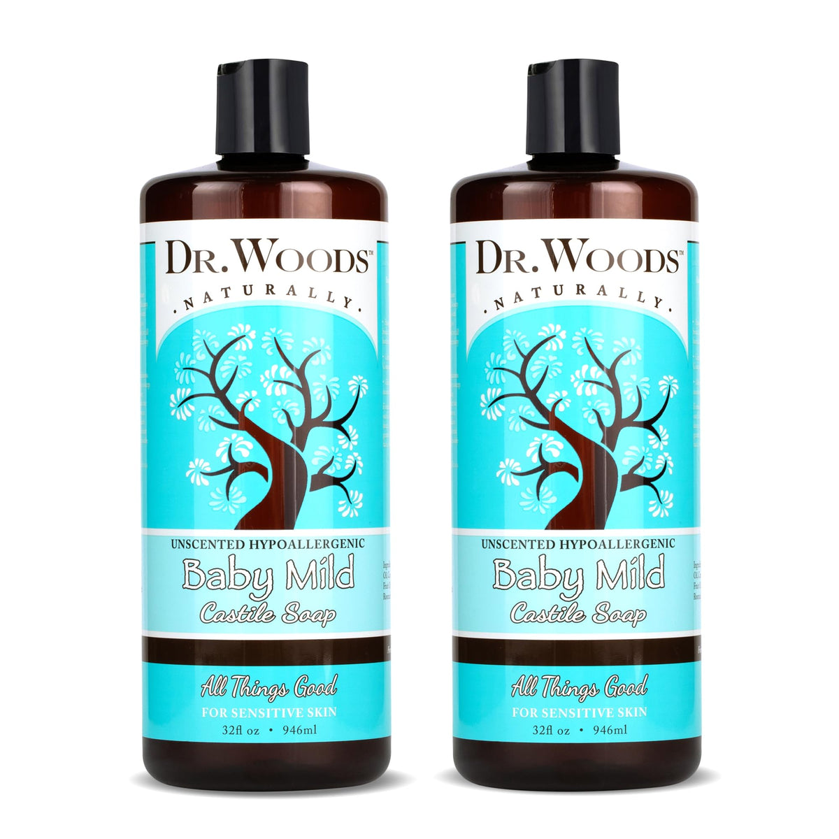 Dr. Woods front packaging showing two 32 fl oz bottles and clear labeling for baby mild soap