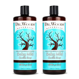 Dr. Woods front packaging showing two 32 fl oz bottles and clear labeling for baby mild soap