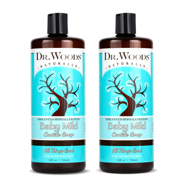 Dr. Woods front packaging showing two 32 fl oz bottles and clear labeling for baby mild soap