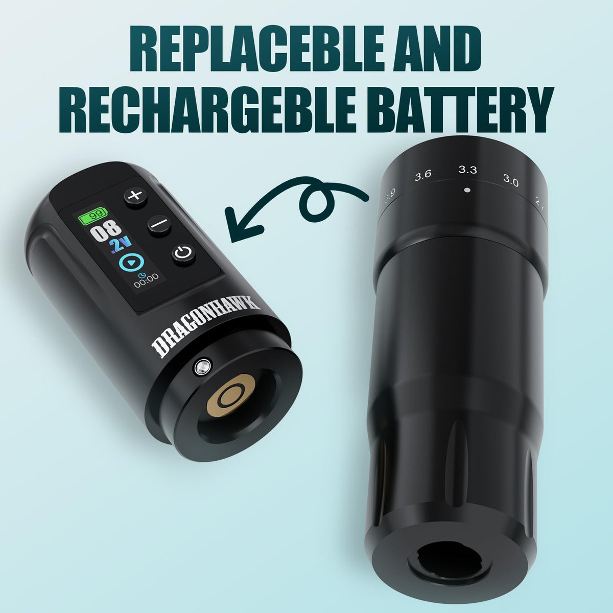Dragonhawk battery and charging port close-up showing long-lasting power benefit