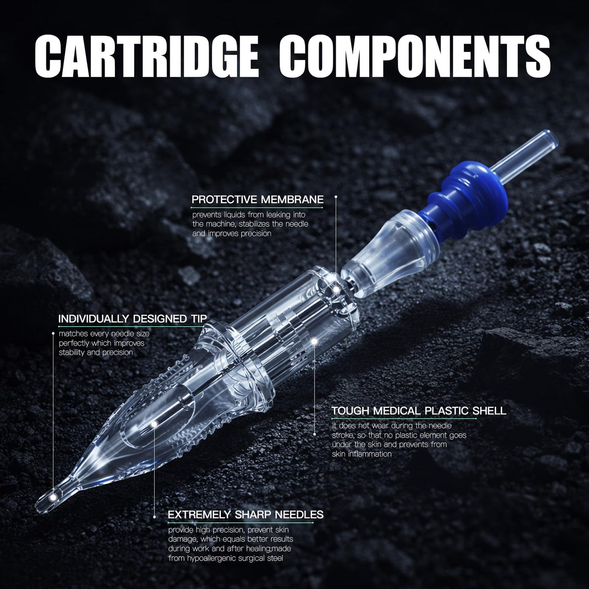 Dragonhawk close-up of cartridges highlighting polished stainless steel needles for smooth shading