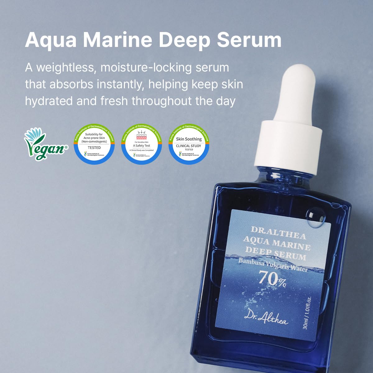 Dr.Althea serum droplet texture on skin, highlights lightweight absorbency benefit