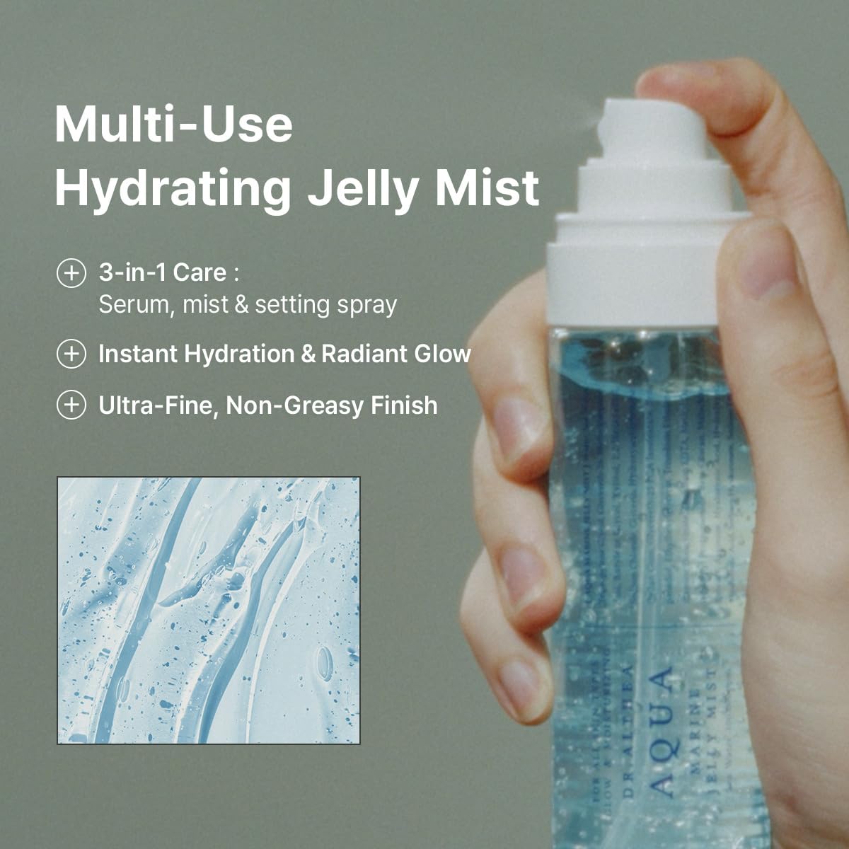 Dr.Althea jelly mist droplet on hand demonstrating lightweight texture
