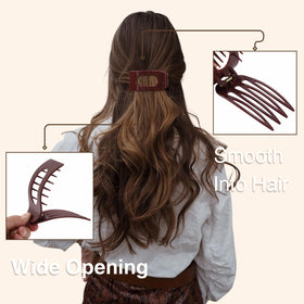 Drealoe clip used in half-up hairstyle at desk keeping hair tidy and comfortable