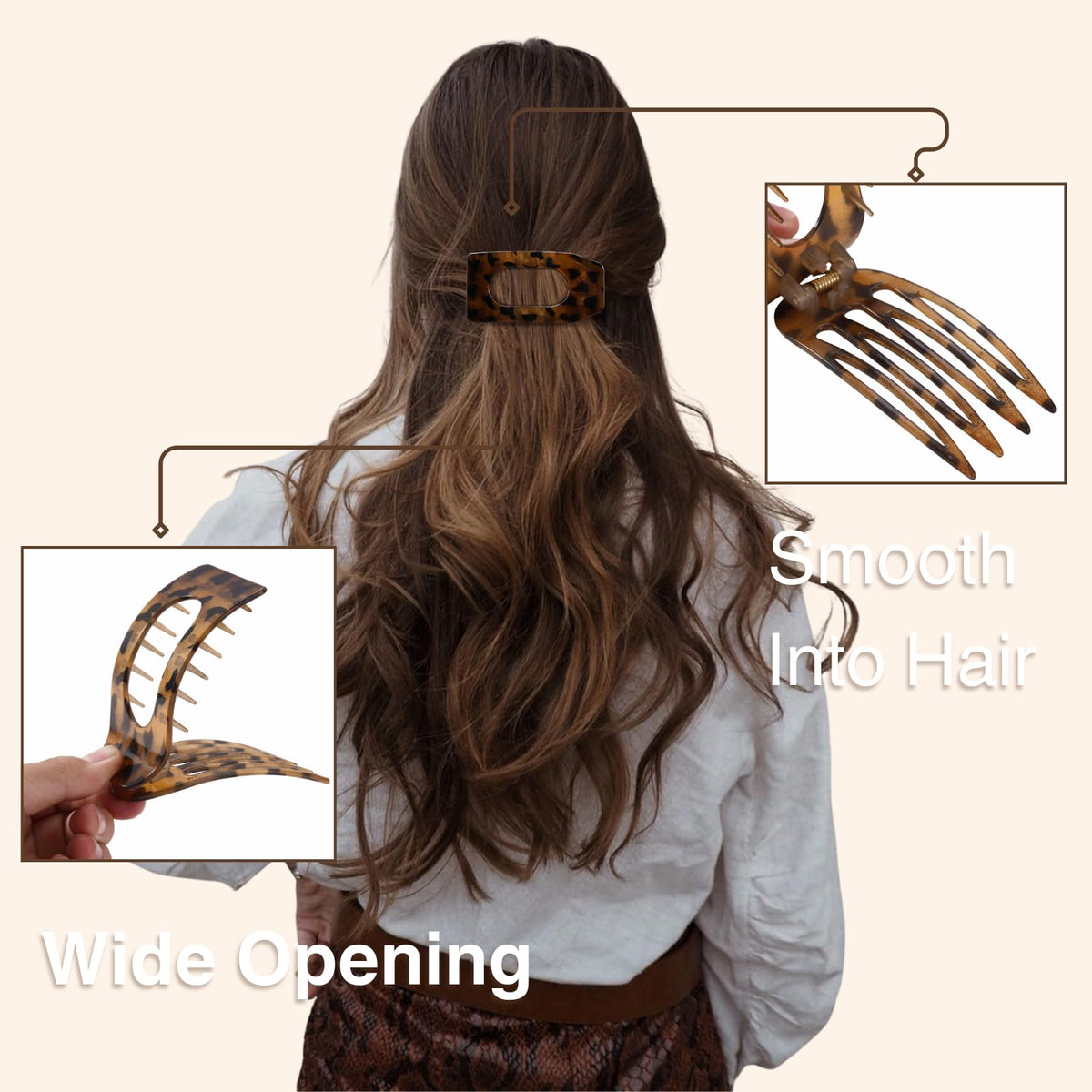 Drealoe clip securing a half-up hairstyle, comfortable no-slip benefit