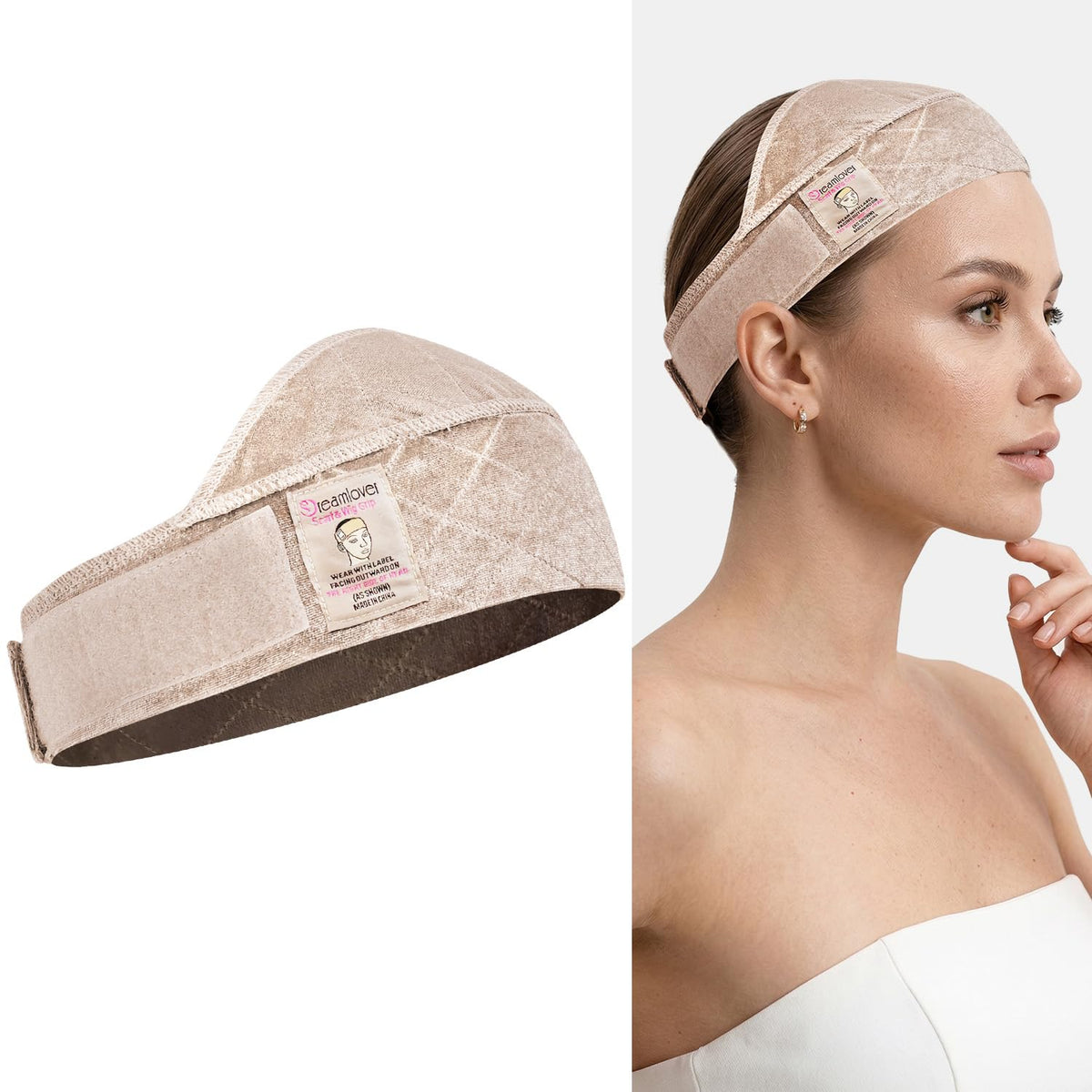 Dreamlover front view of wide wig grip band showing secure fit benefit