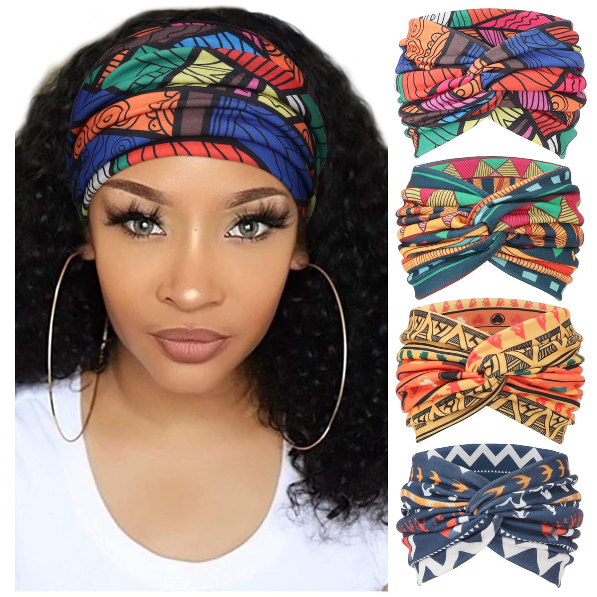DRESHOW front view of four headbands showing colors and neat packaging benefit convenience