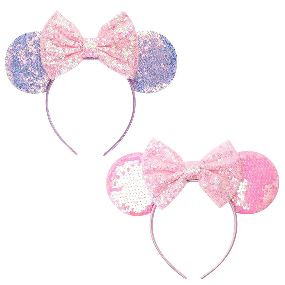 DRESHOW front view of two glitter mouse ears headbands showing colors and bow