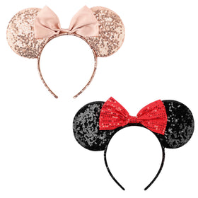 DRESHOW front view of two glitter mouse ears headbands, party-ready accessory