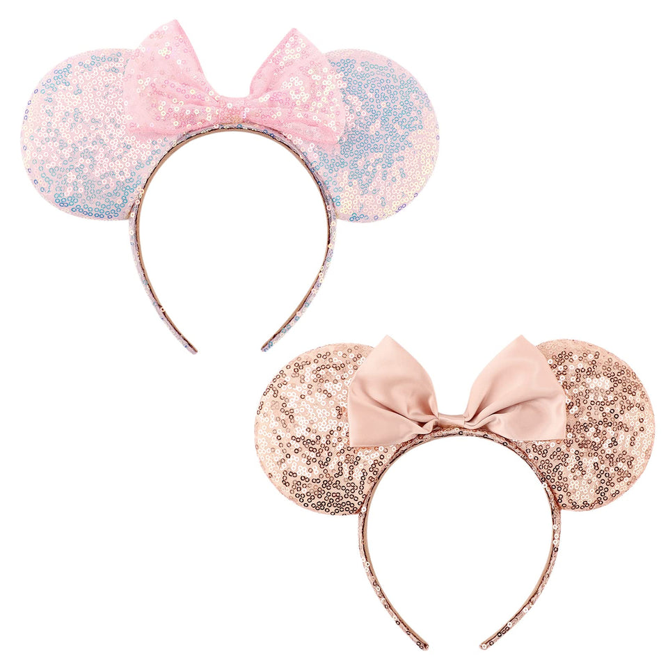 DRESHOW front view of two sequin mouse ears headbands showing sparkle benefit