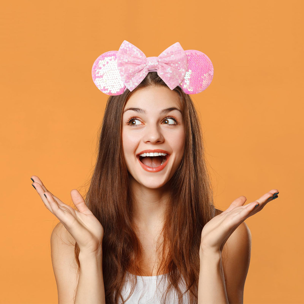 DRESHOW model wearing headband at theme park showing festive effect