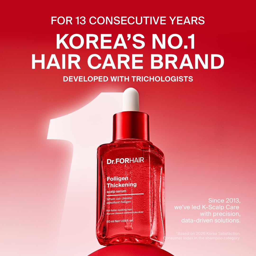 Dr.FORHAIR bottle and pump detail showing clear label and application benefit