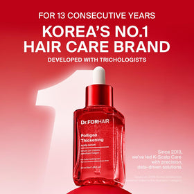 Dr.FORHAIR bottle and pump detail showing clear label and application benefit
