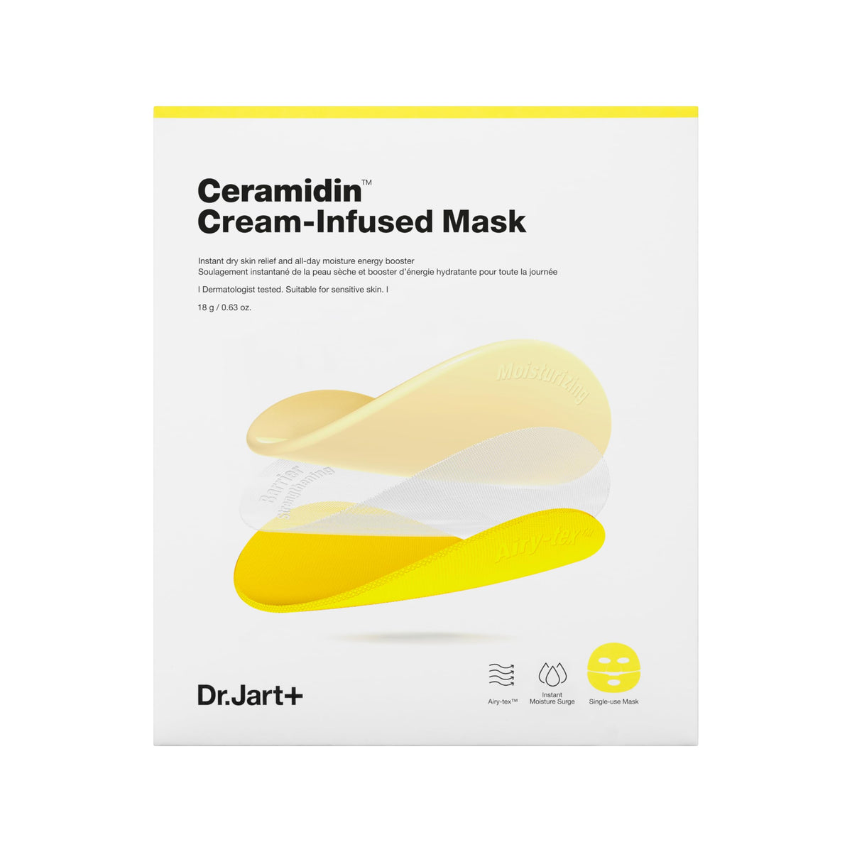 Dr.Jart+ front packaging showing single travel-size sheet mask and benefits