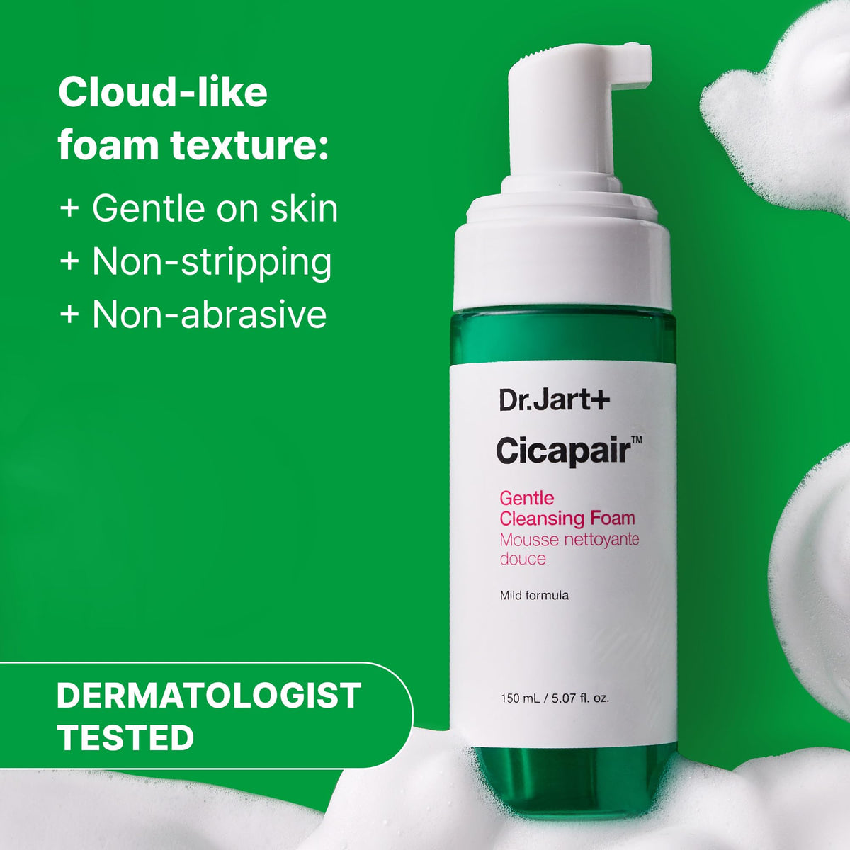 Dr.Jart+ Cicapair foam on face during rinse showing soothing makeup removal