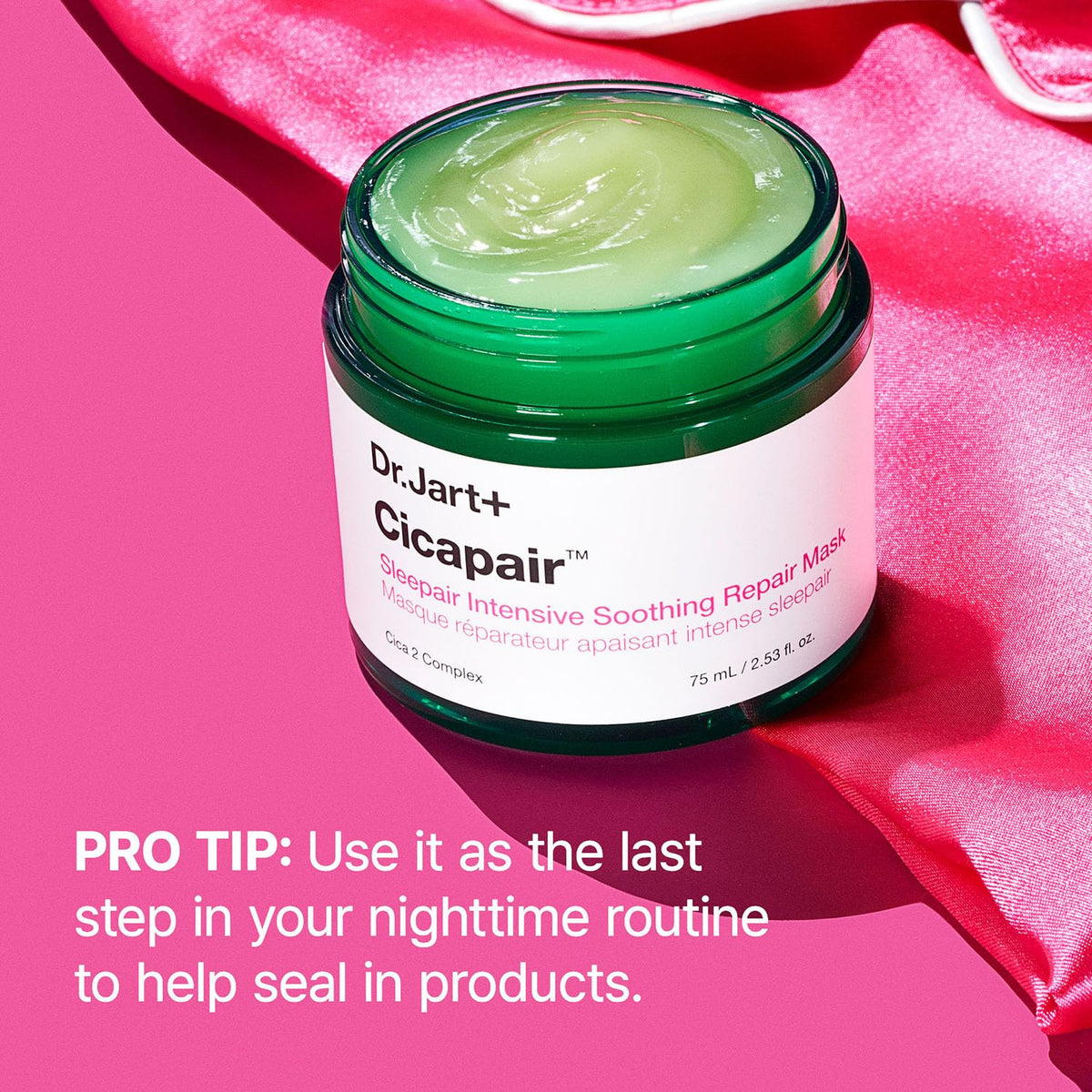 Dr.Jart+ jar on nightstand illustrating overnight repair routine