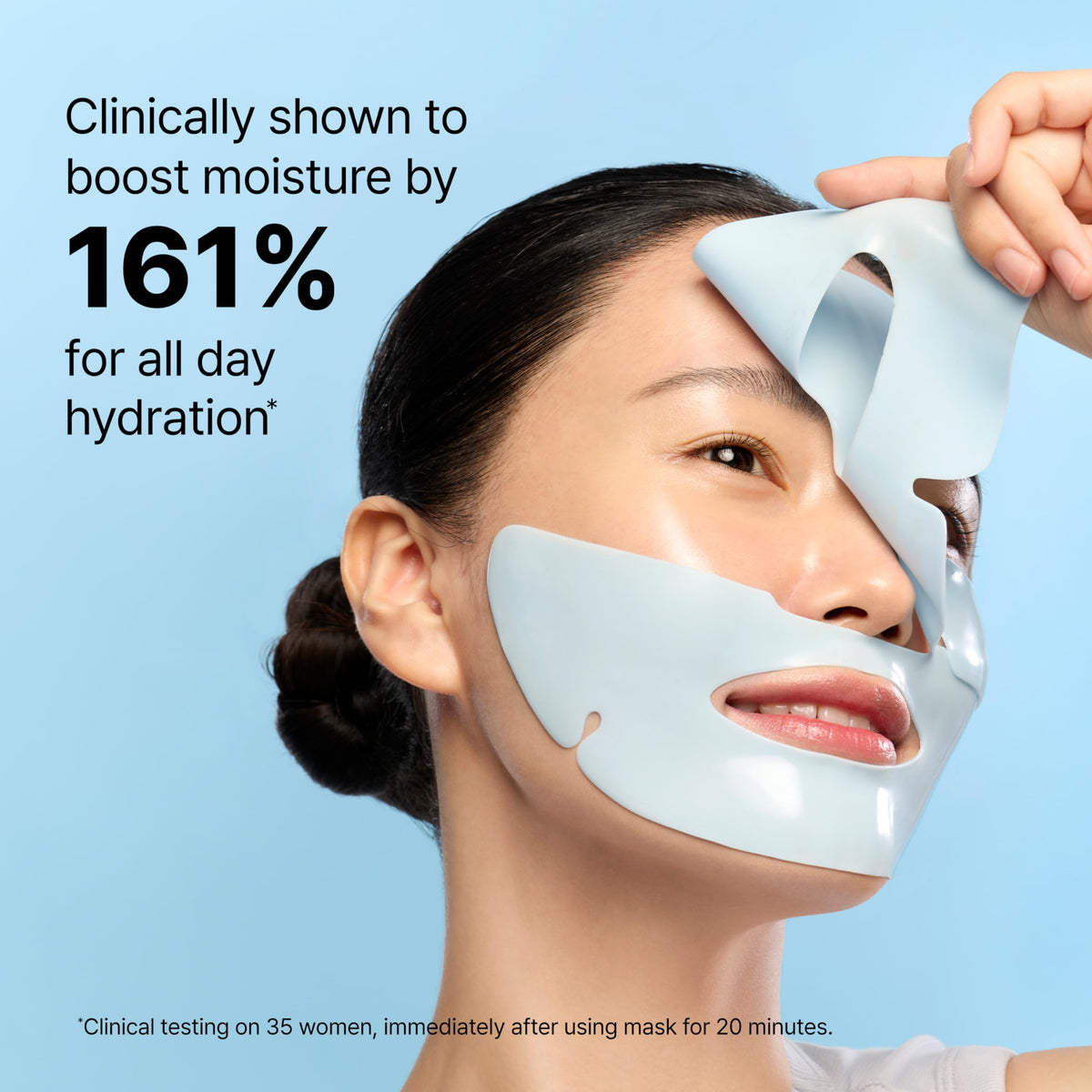 Woman wearing Dr.Jart+ Cryo Rubber mask demonstrating cooling relief