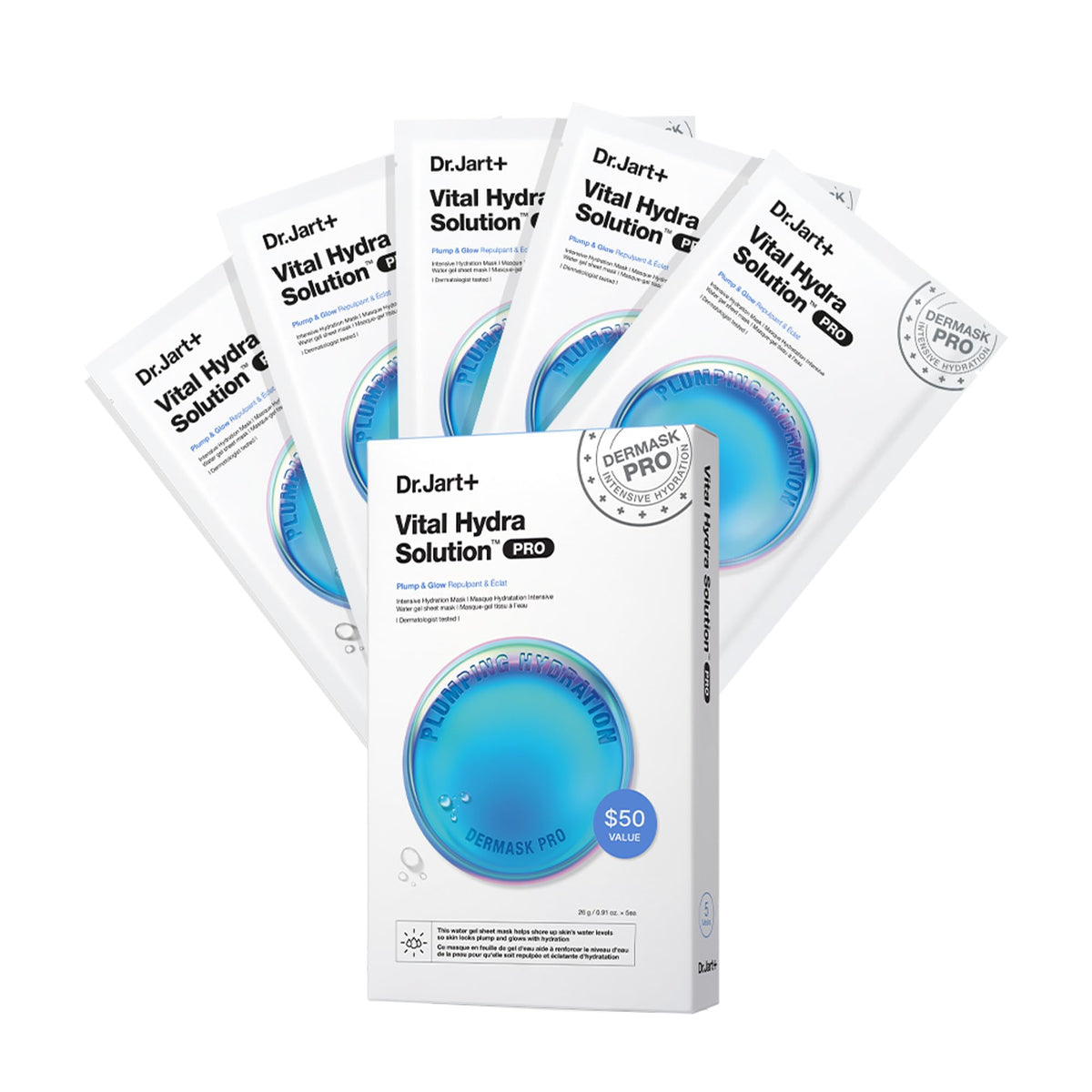 Dr.Jart+ pack front view showing five sheet masks and hydrating benefits