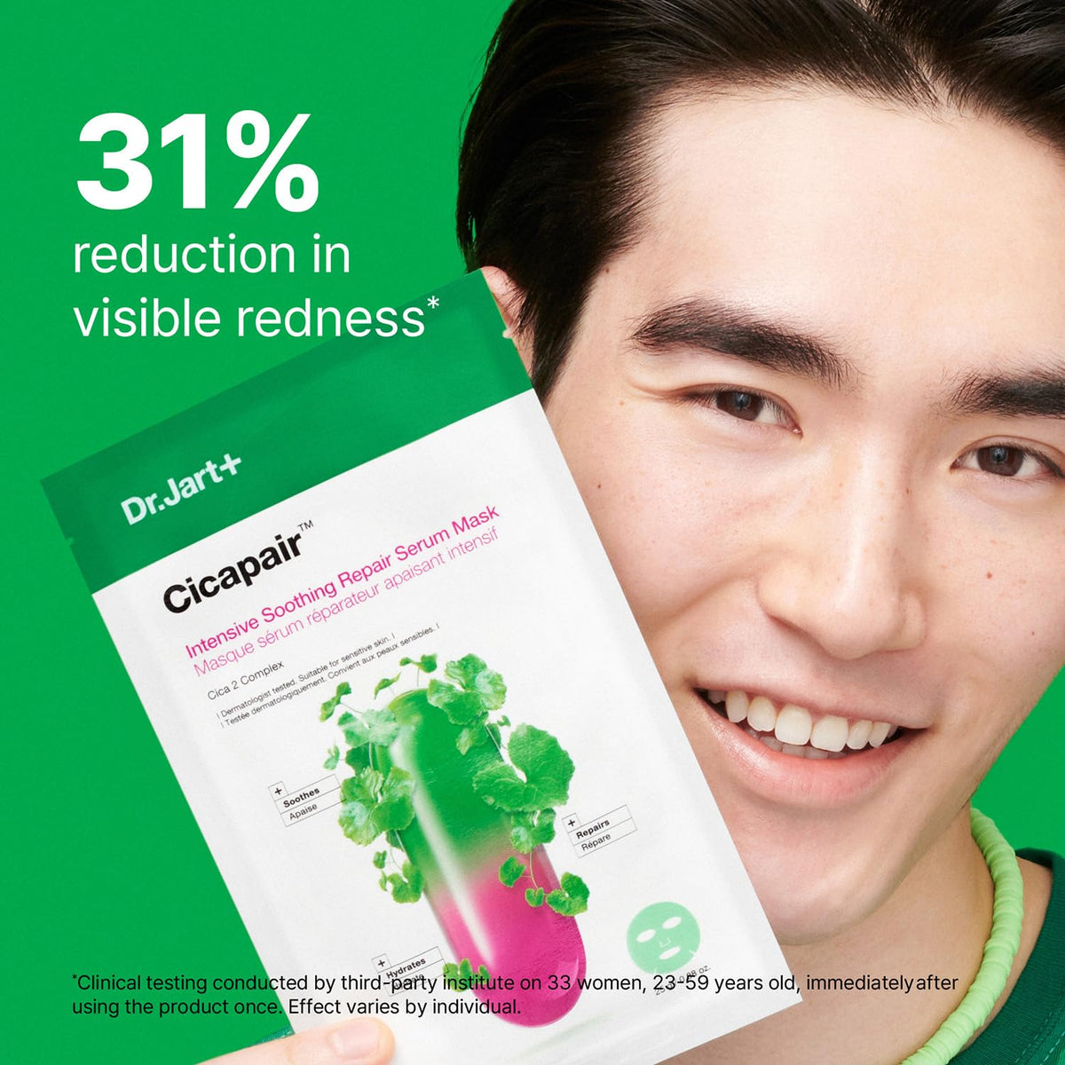 Dr.Jart+ mask next to hand showing scale and easy application benefit
