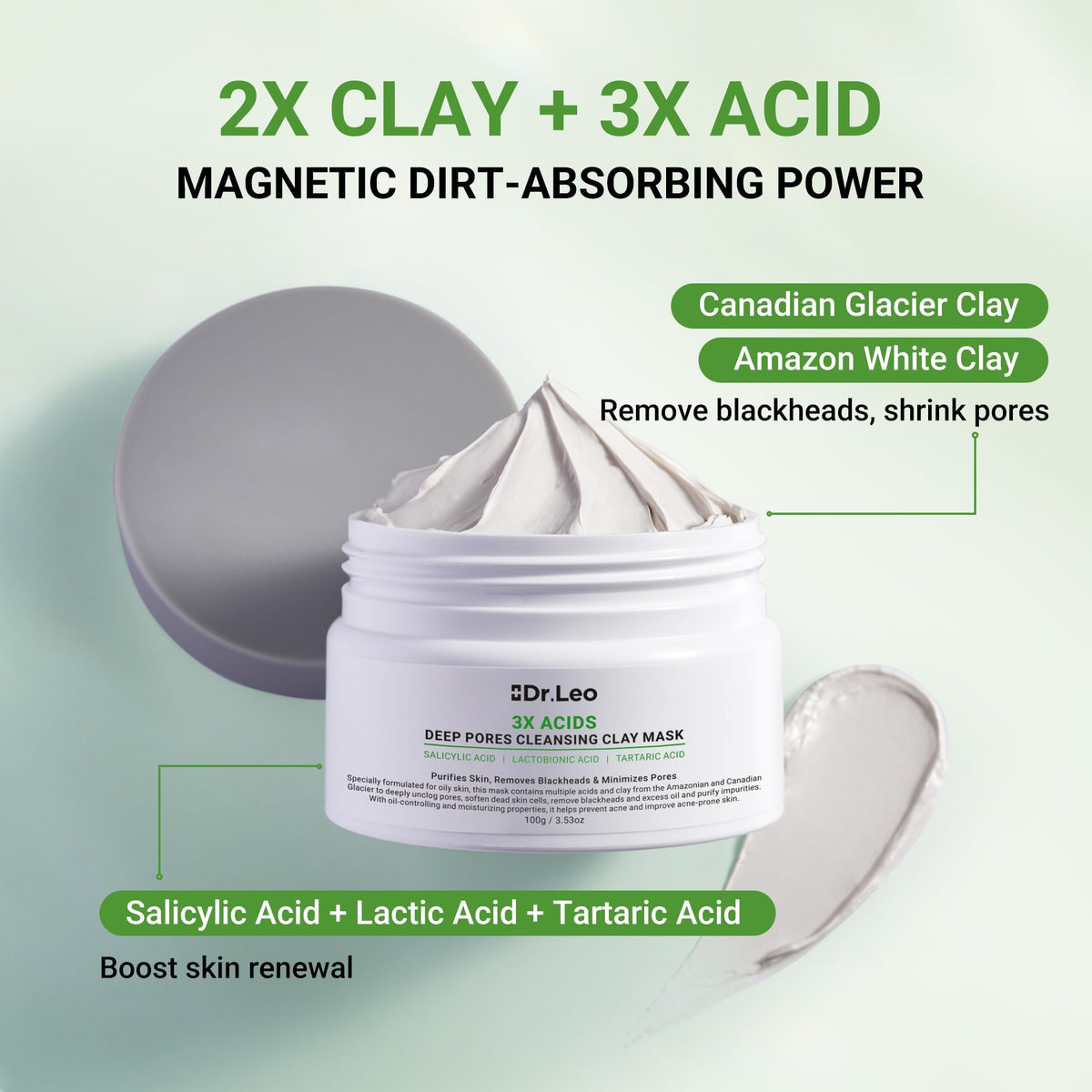 Dr.Leo label ingredients closeup emphasizing clay and acids