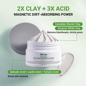 Dr.Leo label ingredients closeup emphasizing clay and acids