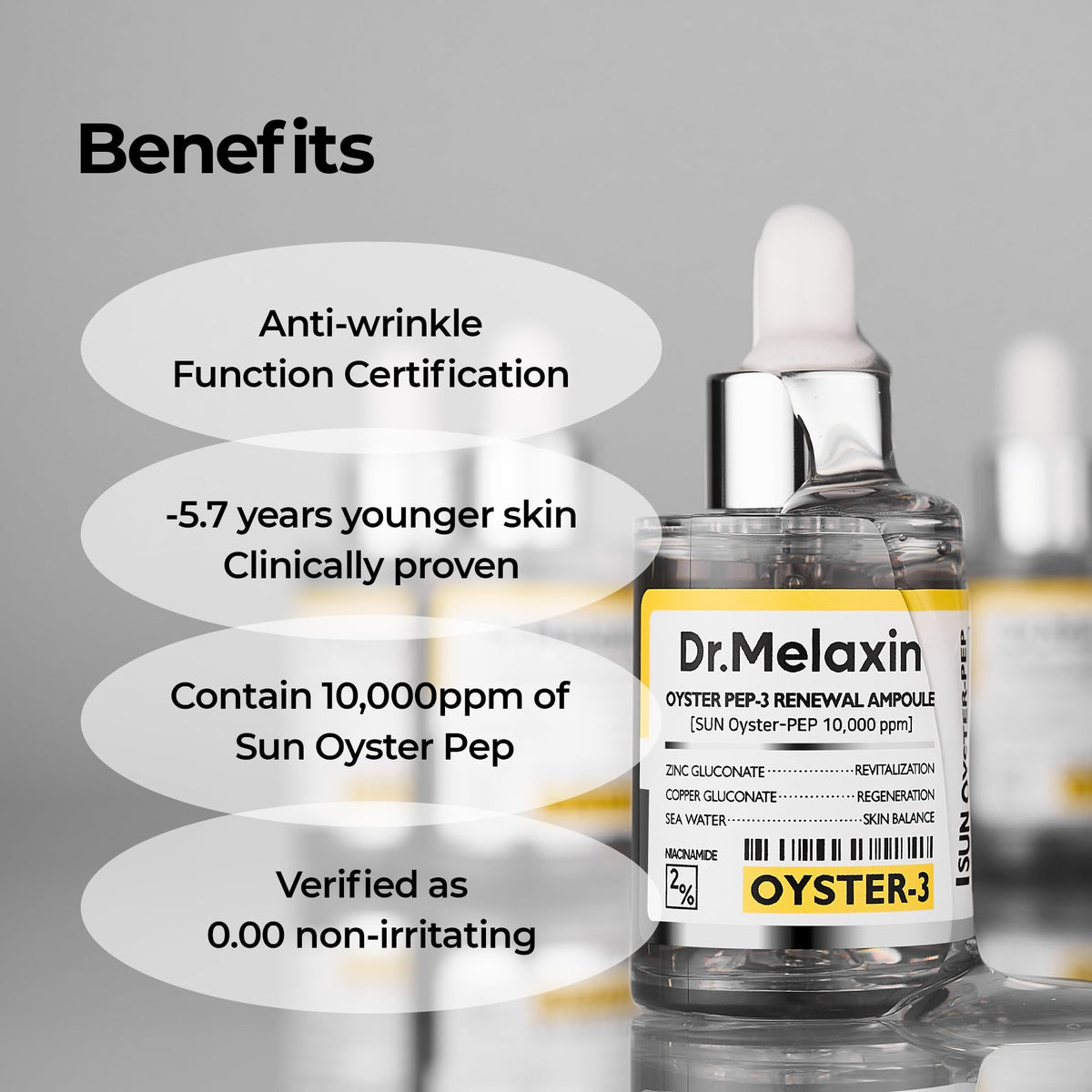 Dr.Melaxin ampoule with oyster and marine elements highlighting peptide-rich ingredients
