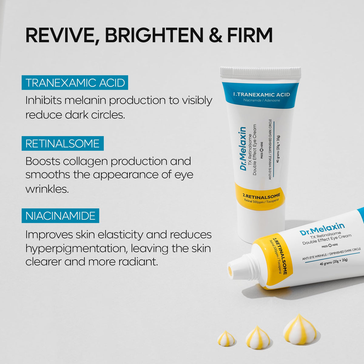 Model applying Dr.Melaxin under-eye cream for quick daily routine benefit