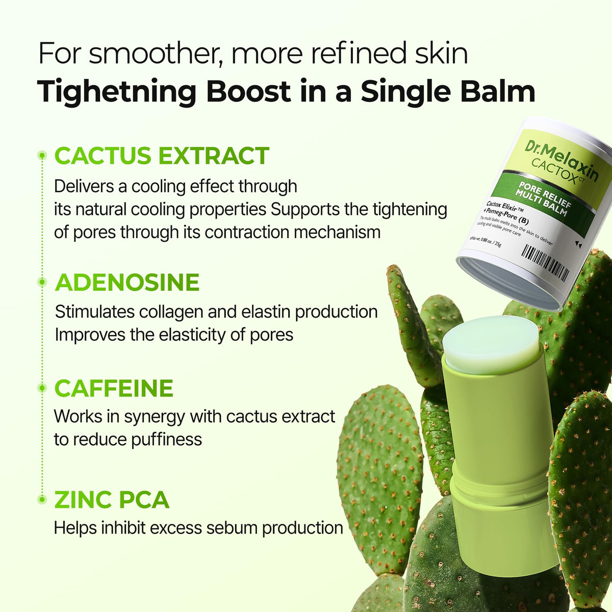 Dr.Melaxin ingredient label with cactus and zinc showing formulation transparency benefit