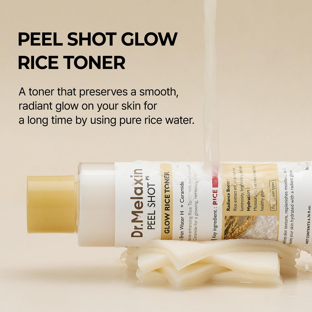 Dr.Melaxin label close-up highlighting key rice and ceramide info