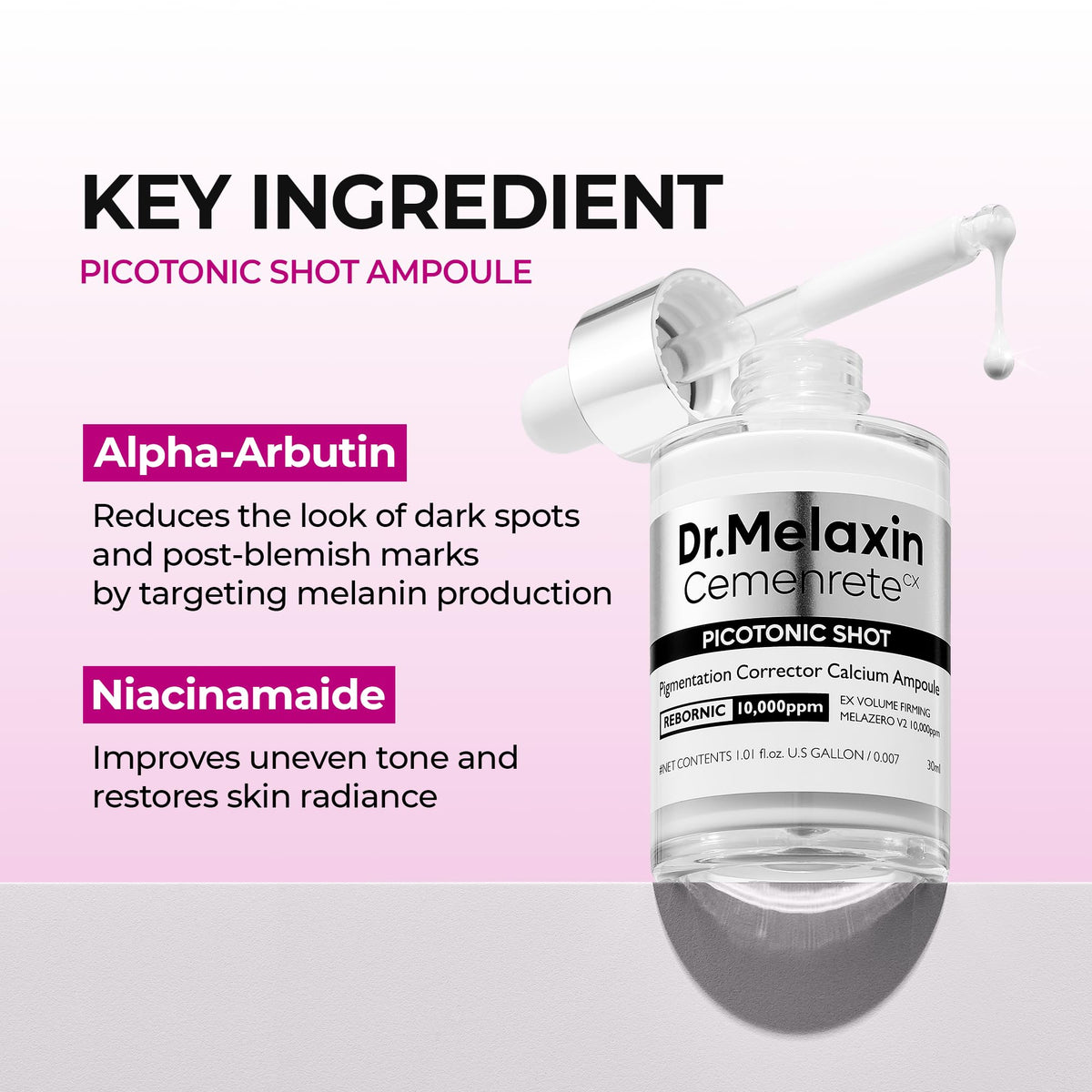 Dr.Melaxin dropper releasing clear serum showing lightweight texture