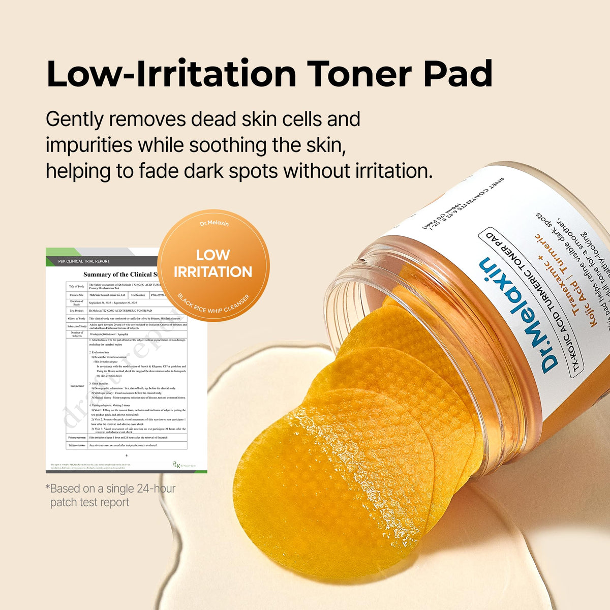 Dr.Melaxin pad applied to cheek illustrating tone evening visual benefit