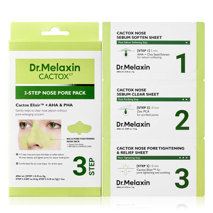 Dr.Melaxin front packaging showing CACTOX nose pack benefits
