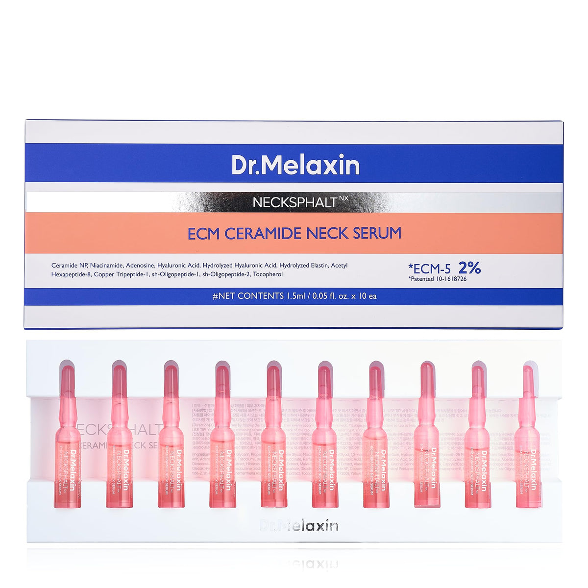 Dr.Melaxin front packaging of neck tightening ampoules showing the box and vials for clear benefits