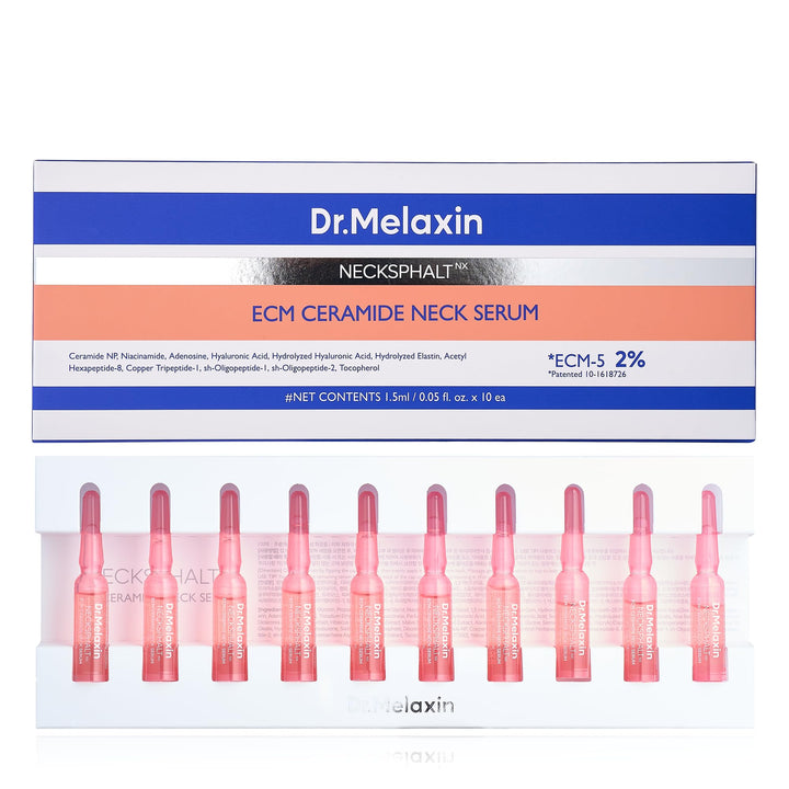 Dr.Melaxin front packaging of neck tightening ampoules showing the box and vials for clear benefits