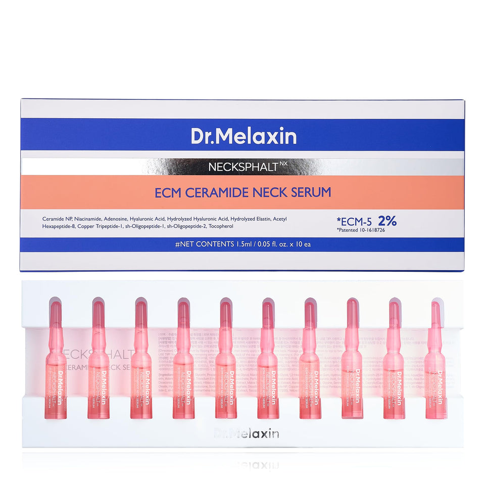 Dr.Melaxin front packaging of neck tightening ampoules showing the box and vials for clear benefits