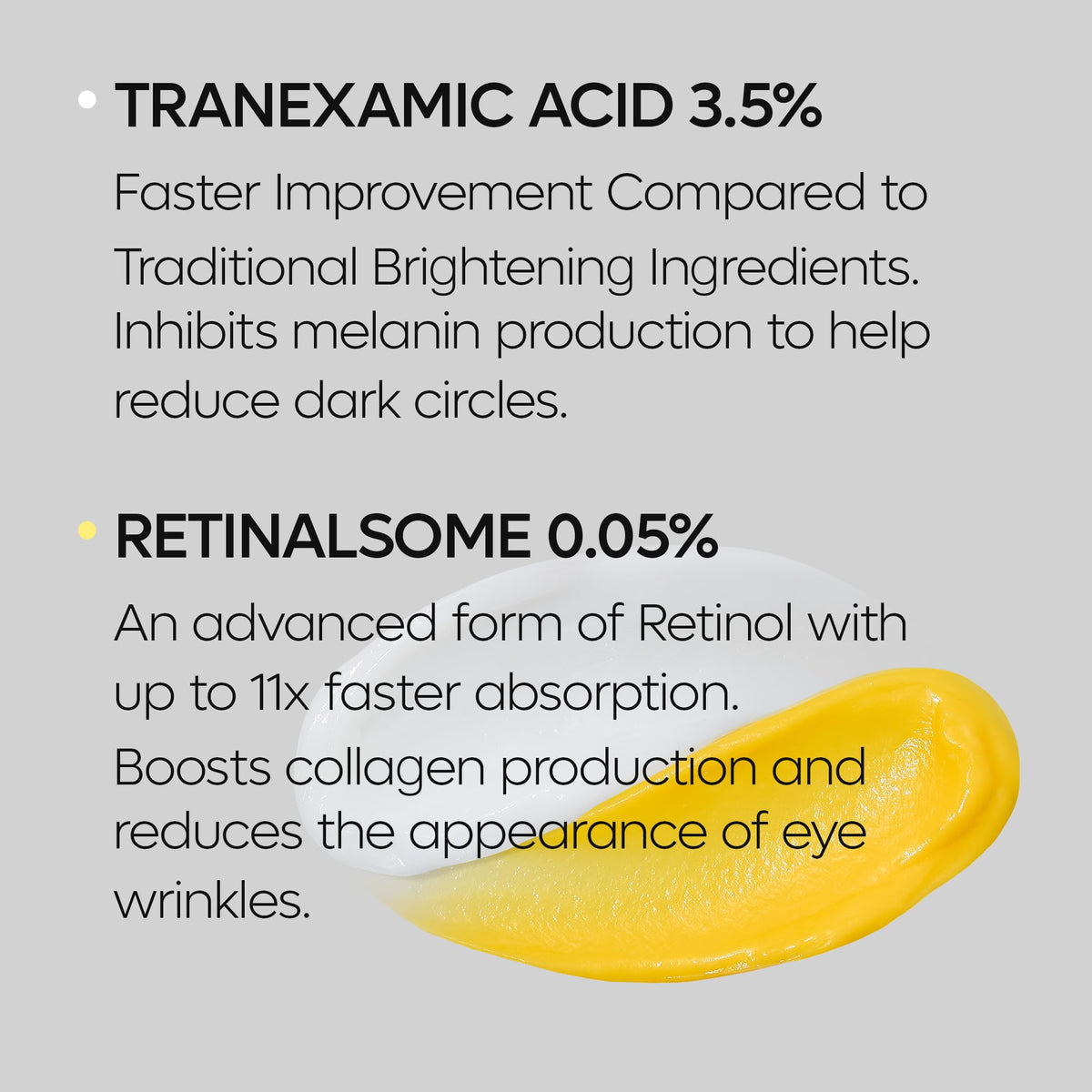 Dr.Melaxin ingredient panel showing tranexamic acid and retinalsome benefits