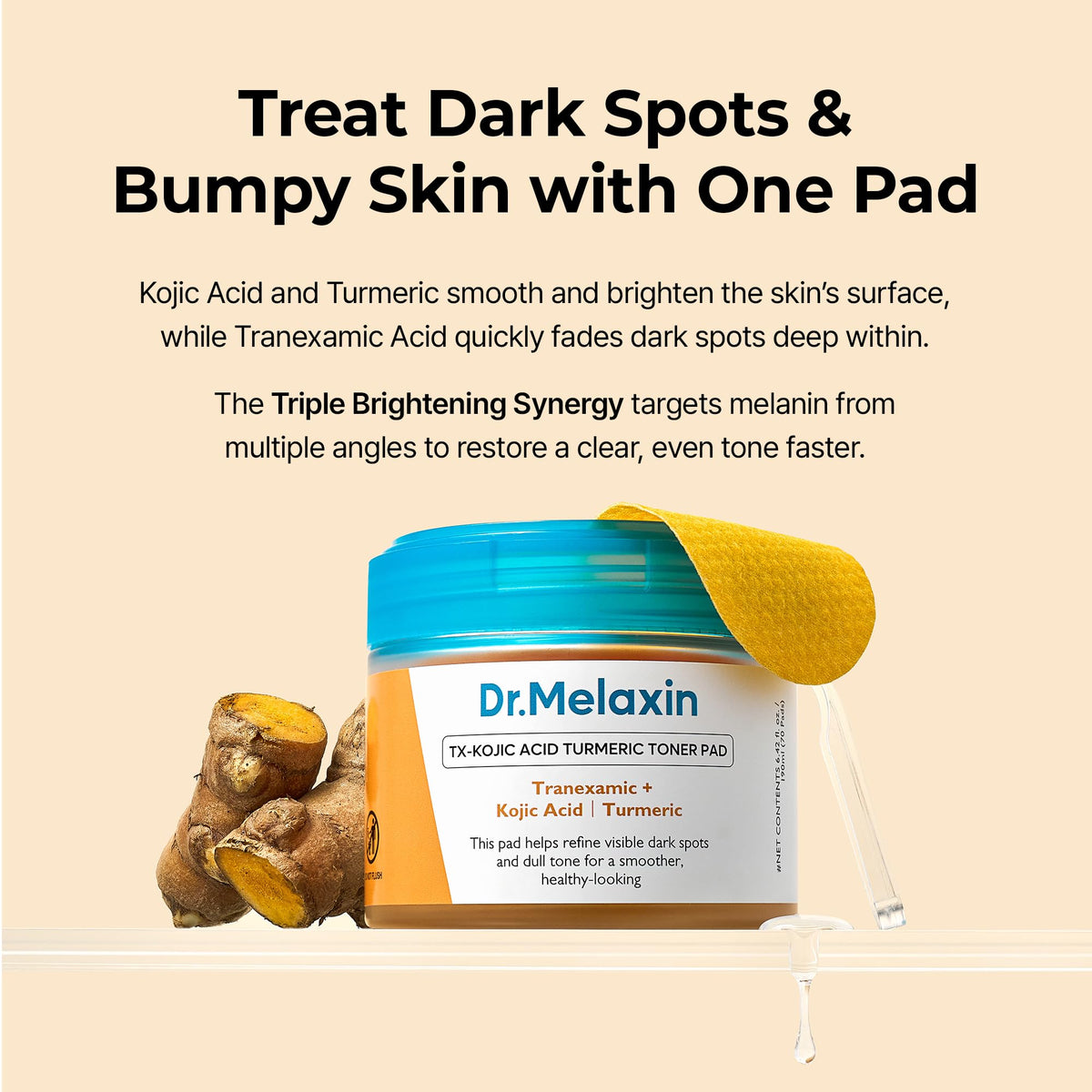Dr.Melaxin label showing key actives kojic acid and tranexamic acid benefits