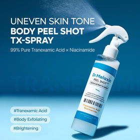 Dr.Melaxin spray mist dispersing over skin for fast, even application