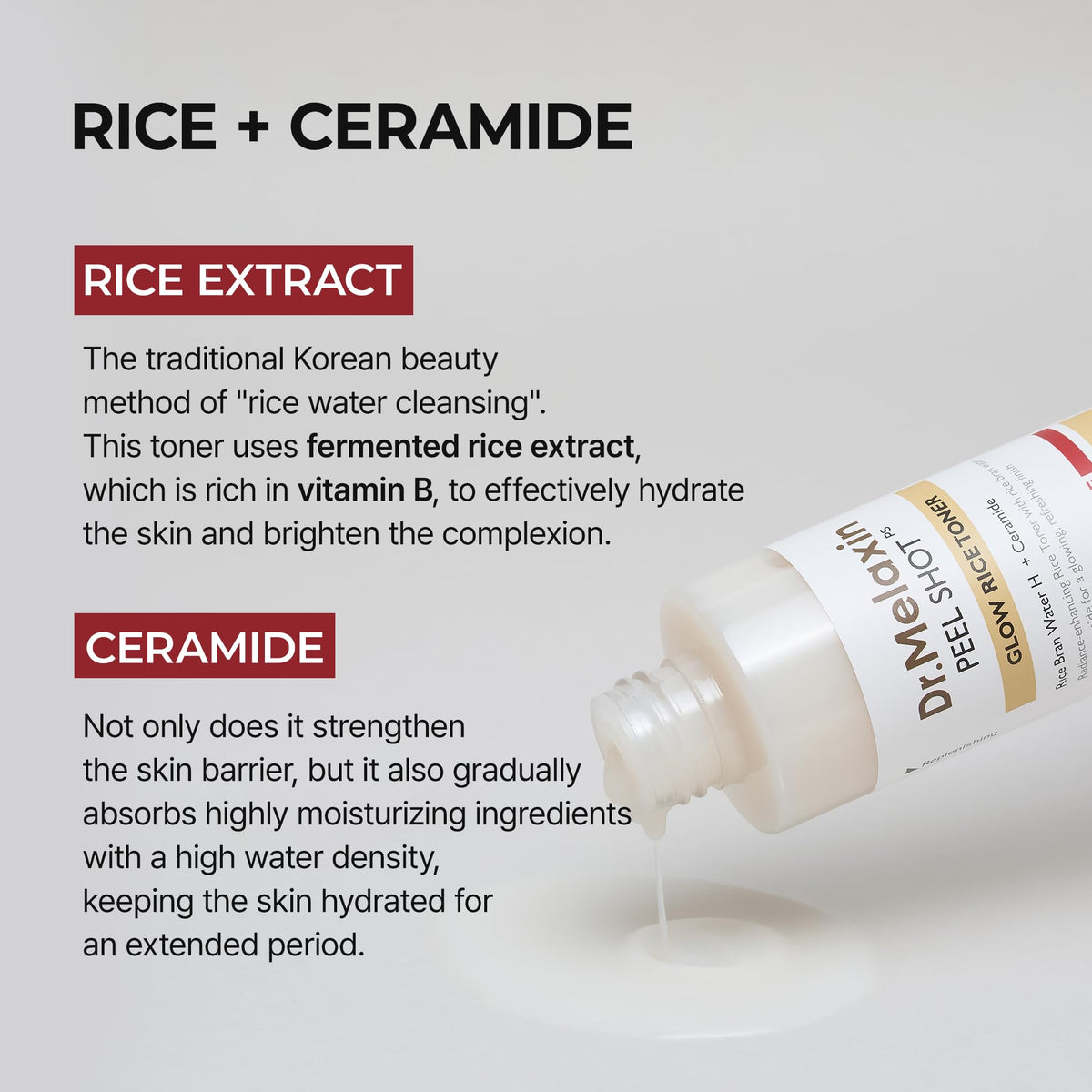 Dr.Melaxin texture pour droplet showing fast-absorbing hydrating feel