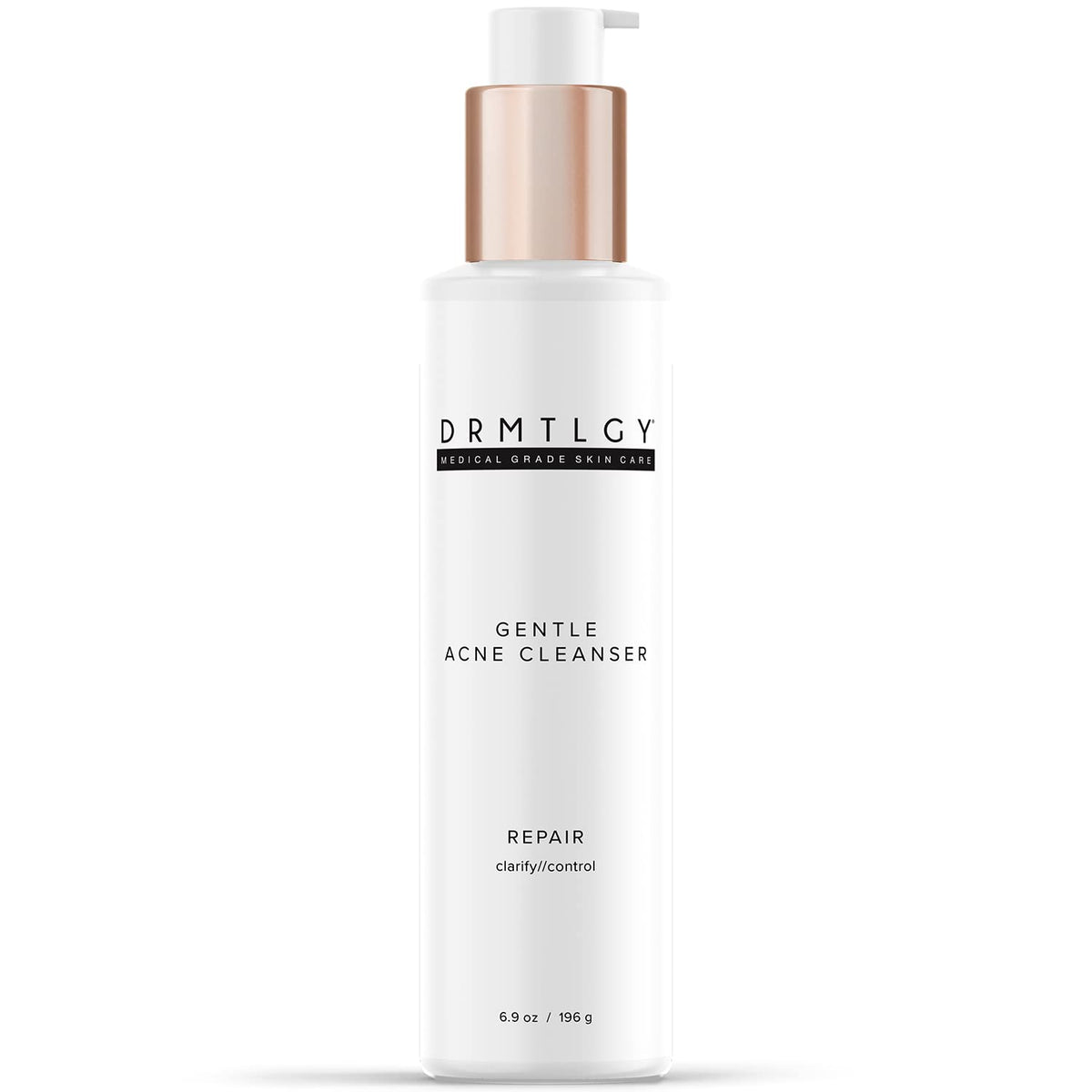 DRMTLGY cleanser front packaging showing bottle and branding for clear skin
