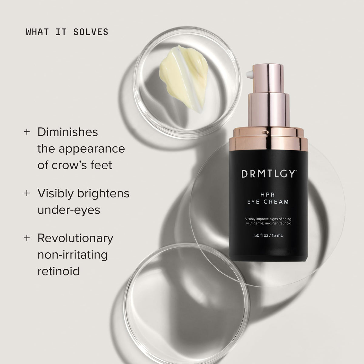 DRMTLGY product beside ruler showing 0.5 fl oz scale for size clarity